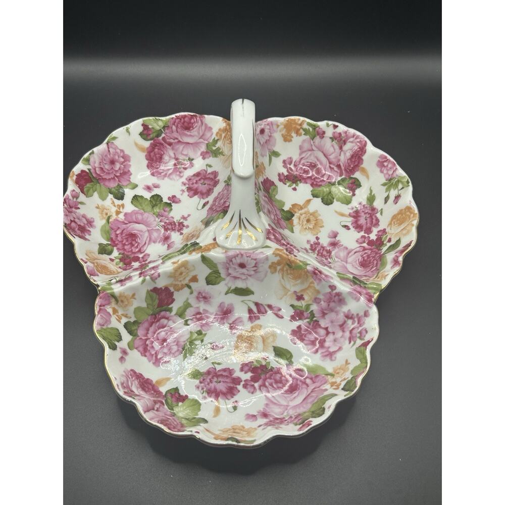 Antique Vintage Royal Danube Floral Serving Dish 3 Sections Handle Gold Trim